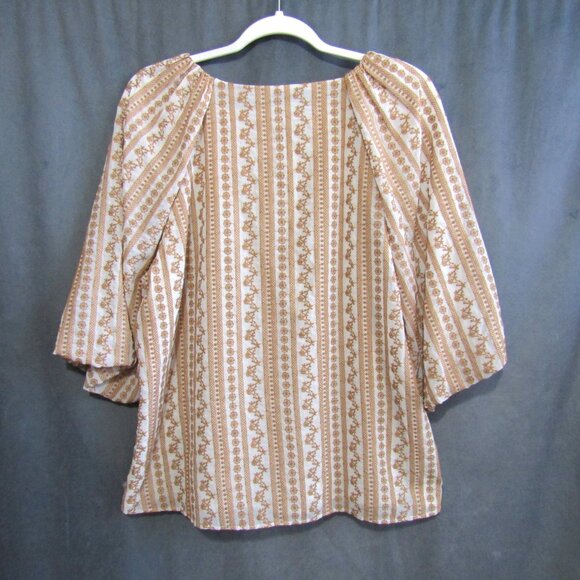 Calvin Klein Top Sz L White Golden Brown Embroidered Stripe Balloon Slv Peasant - Picture 5 of 12